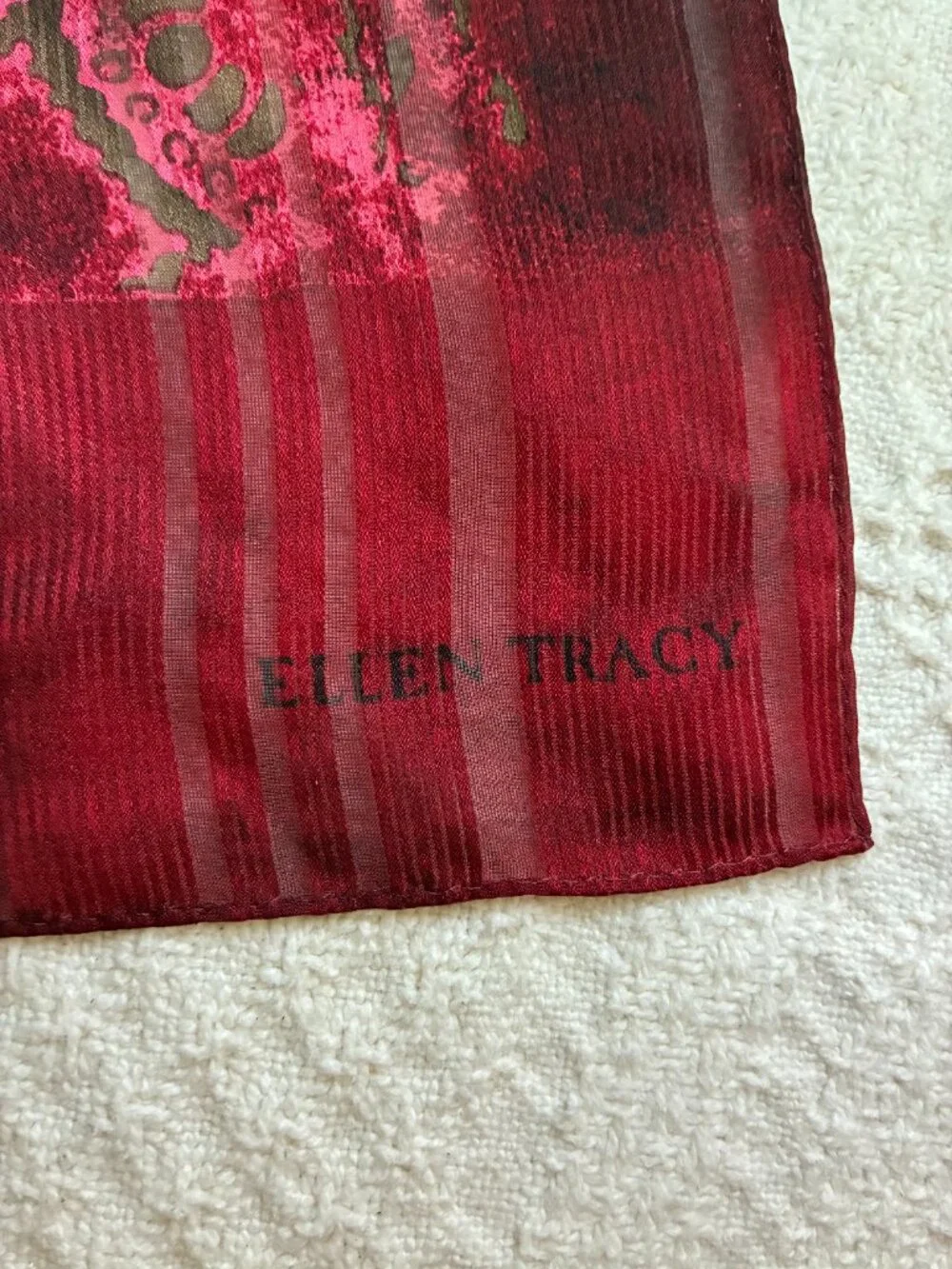 Vintage Ellen Tracy 100% Silk Scarf - Whimsigoth - Deep Red with Damask Motif